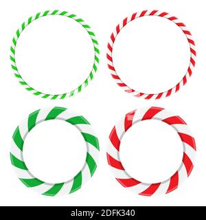 Candy cane circle frame set. Christmas round border with stripes collection. Striped vector xmas ring background with copy space. Red, green and white Stock Vector