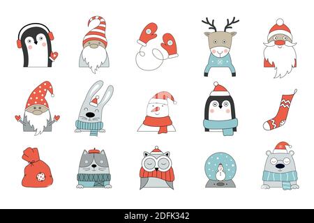 Set of hand-drawn icons with animals in winter costumes and Christmas decorations on a white background. Vector illustration for decorating Christmas Stock Vector