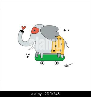 An elephant on a skateboard in funny comic costumes. Vector hand drawn illustration with wild animal on white background. Can be used for getting card Stock Vector