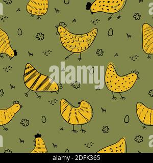 Vintage seamless pattern of hens. Easter Texture with chicken. Hand drawn vector illustration for fabric print, wrapping paper, wallpaper, greeting ca Stock Vector