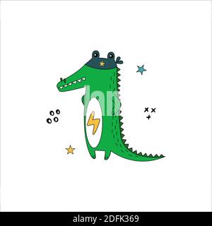 Crocodile in funny comic costumes. Vector hand drawn illustration with wild animal on white background. Can be used for getting card, nursery, poster Stock Vector