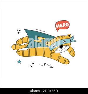 Tiger in funny comic costumes. Vector hand drawn illustration with wild animal on white background. Can be used for getting card, nursery, poster Stock Vector