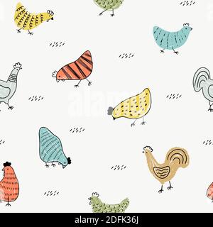 Vintage seamless pattern of hens. Easter Texture with chicken. Hand drawn vector illustration for fabric print, wrapping paper, wallpaper, greeting ca Stock Vector