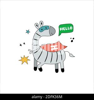 Zebra in funny comic costumes. Vector hand drawn illustration with wild animal on white background. Can be used for getting card, nursery, poster Stock Vector