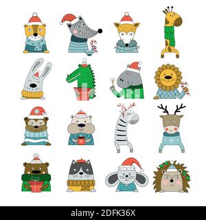 Set of hand-drawn animals in winter costumes isolated on white background. Vector illustration for decoration Christmas greeting card, posters, banner Stock Vector