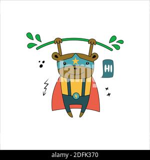 Monkey in funny comic costumes. Vector hand drawn illustration with wild animal on white background. Can be used for getting card, nursery, poster Stock Vector