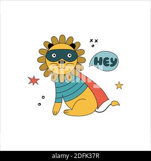 Lion in funny comic costumes. Vector hand drawn illustration with wild animal on white background. Can be used for getting card, nursery, poster Stock Vector