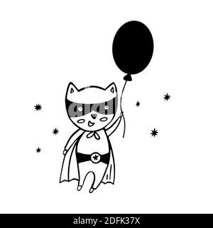 Superhero in a black suit on a white background. Cute kids poster with a flying superhero, balloon, stars in Scandinavian style. Stock Vector