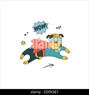 Hand-drawn dog in a comic costume. Cute puppy with speech bubble, star and the phrase "Wow" Stock Vector