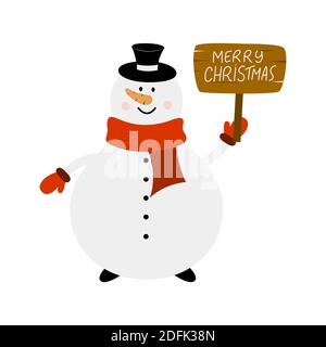 Christmas Snowman character with an information sign isolated on a white background. Can be used for Christmas card, poster, sticker and etc Stock Vector