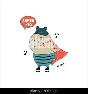 Hippo on rollers and in funny comic costumes.Vector hand drawn illustration with wild animal on white background. Can be used for getting card, nurser Stock Vector