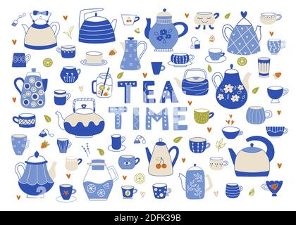 Collection with modern teapots and mugs in flat cartoon style. Vector illustration with kettles and cups isolated on white background Stock Vector