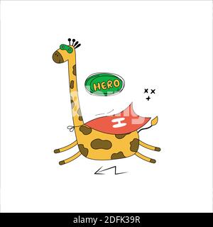 Giraffe in funny comic costumes. Vector hand drawn illustration with wild animal on white background. Can be used for getting card, nursery, poster Stock Vector
