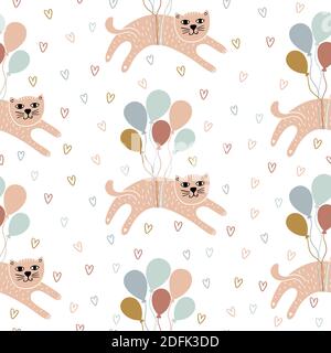 Childish seamless pattern with hand-drawn cats. Scandinavian background with cats, balloons and hearts. Can be used for wallpaper, textile, packaging. Stock Vector