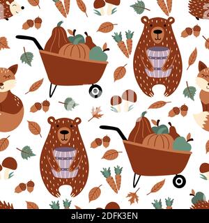 Autumn seamless pattern with bear, fox, hedgehog, wheelbarrow, vegetables and fruits isolated on white background. Can be used for fabric, wrapping, t Stock Vector