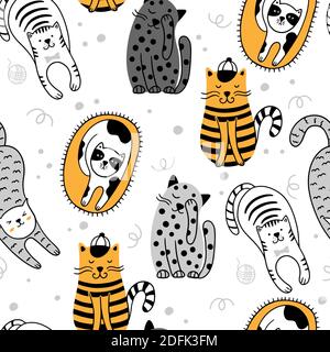 Cute cats Scandinavian seamless pattern. Childish background with cats. Can be used for wallpaper, packaging, textiles. Stock Vector
