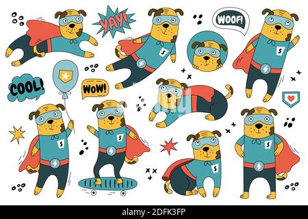 Hand-drawn dog in superman costume in different poses. Set of cute superhero character for decoration children's room, card, poster, book and etc Stock Vector