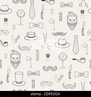 Seamless pattern with different barbershop tools and man hairstyle. Can be used for wallpaper, textile, wrapping, web design. Stock Vector