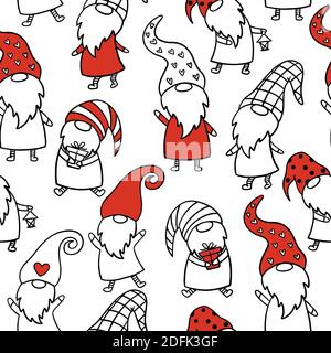 Seamless pattern with Christmas gnomes on a white background. Can be used for textile, wrapping, wallpaper. Stock Vector