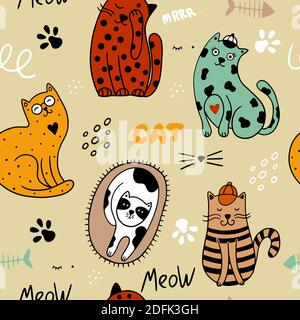 Cute cats seamless pattern. Vector illustration with colorful cats, phrases, paws, and fish on a white background. It can be used for textiles, wallpa Stock Vector