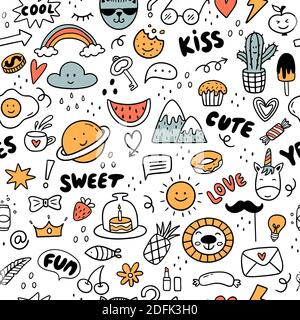 Seamless pattern with colorful lifestyle drawings. Design elements in trendy doodle style - cat, lion, phrases, mountains, rainbows, hearts, etc. Can Stock Vector