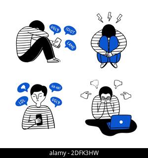 Cyberbullying theme with a sad guy. Internet abuse. Vector doodle illustration. Stock Vector