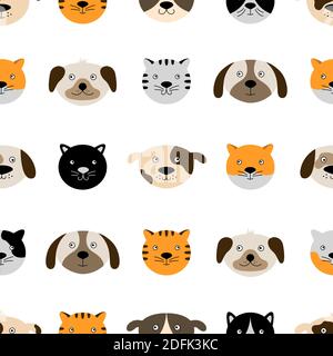 Seamless pattern with cute dog and cat faces. Vector illustration with hand-drawn animals. Can be used for wallpaper, wrapping, textile. Stock Vector