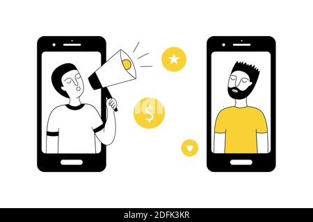 A man holds a megaphone in his hands and invites friends. Referral program. Can be used for a landing page, UI, web template, mobile app, poster flyer Stock Vector