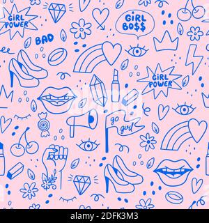 Girl Power seamless pattern. Vector illustration with lips, hearts, phrases, flowers,  rainbows, crowns and etc. It can be used for wallpaper, packagi Stock Vector