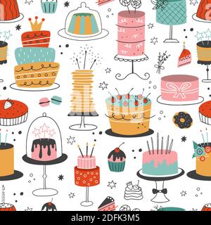 Seamless pattern with doodle colorful cakes on a white background. International Cake Day. It can be used for wallpaper, wrapping and textile. Stock Vector