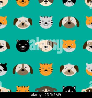 Seamless pattern with cute dog and cat faces. Vector illustration with hand-drawn animals. Can be used for wallpaper, wrapping, textile. Stock Vector