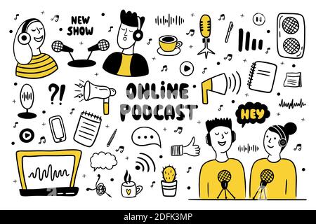 Podcast show doodle set. Men and women making podcast. Hand drawn vector illustration with different podcast elements Stock Vector