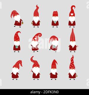 Set of 12 Christmas gnomes on a gray background. Vector card with gnomes in red hats. Stock Vector
