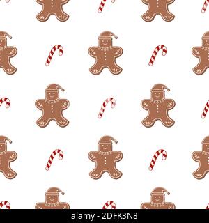 Christmas gingerbread seamless pattern. Winter vector illustration with gingerbread man and candy canes isolated on white background. Can be used for Stock Vector