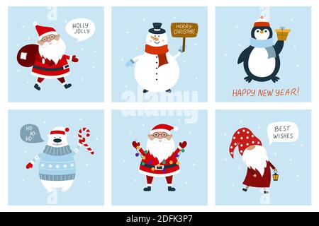 Christmas cards with snowman, gnome, polar bear, Santa Clause, penguin. Flat vector illustration in cartoon style. Stock Vector