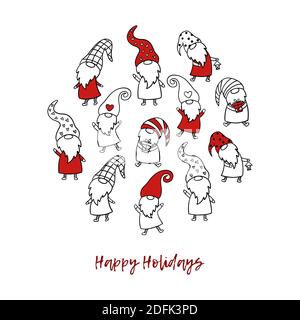 Christmas card with cute Scandinavian gnomes. Vector illustartion in hand-drawn style. Stock Vector