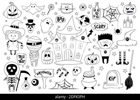 Halloween objects collection. Hand-drawn vector illustration with pumpkins, tombstone, skull, mummy, witch, ghost house, dracula and etc.  It can be u Stock Vector