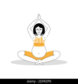 A young beautiful pregnant woman meditates on the floor. Hand-drawn vector illustration of pregnant women practicing yoga. Stock Vector