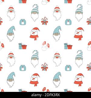 Seamless Christmas pattern with Santa Claus, gnomes, and snowman. Vector background for wallpaper, wrapping, textiles. Stock Vector