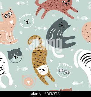 Cute cats childish seamless pattern. Background of colorful kittens. It can be used for textiles, wallpaper, packaging. Stock Vector