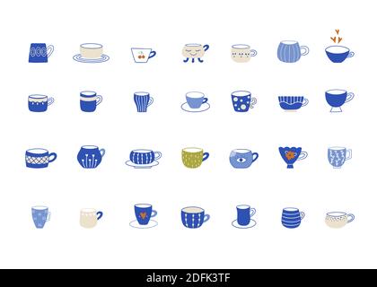Collection with modern cups in flat cartoon style. Vector illustration with ceramic mugs Stock Vector