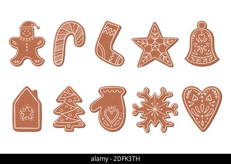 Christmas gingerbread cookies in flat style isolated on white background. Vector illustration with gingerbread cookies. Stock Vector