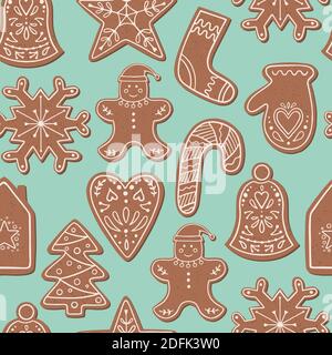 Christmas gingerbread cookies seamless pattern. Winter vector illustration with snowflake; cane; new years tree, bell, mitten, heart and man. Stock Vector