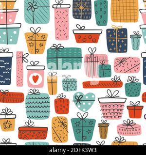 Seamless pattern of hand-drawn different gift boxes isolated on a white background. Colorful gifts for prints, cards, scrapbook. Stock Vector