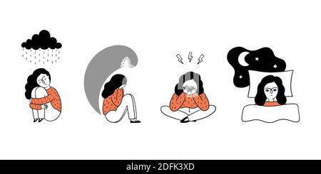 A set of girls suffering from all kinds of psychological disorders such as depression, insomnia, stress, phobia. Vector hand-drawn illustration isolat Stock Vector