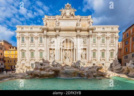 The Trevi Fountain is the largest and one of the most famous fountains in Rome and among the most famous fountains in the world. Stock Photo