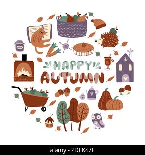 Happy Autumn set of pumpkins, hedgehog, mushrooms, acorns, autumn leaves, trees, etc. Vector illustration with elements of the fall season. It can be Stock Vector