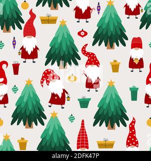 Christmas background consists of gnomes, gifts, balls, Christmas tree. Vector hand-drawn background for packaging, textiles, wallpaper Stock Vector