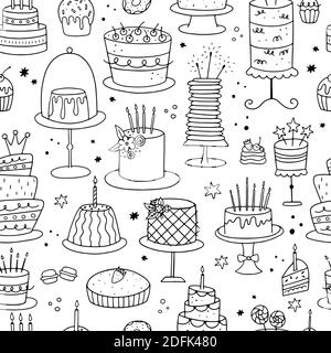 International Cake Day. Seamless pattern of doodle cakes on a white background. It can be used for wallpaper, wrapping, textile and coloring pages. Stock Vector