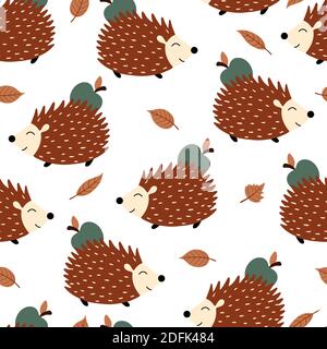 Seamless pattern with hedgehogs on a white background. Autumn background with hedgehogs, apples and autumn leaves. Stock Vector